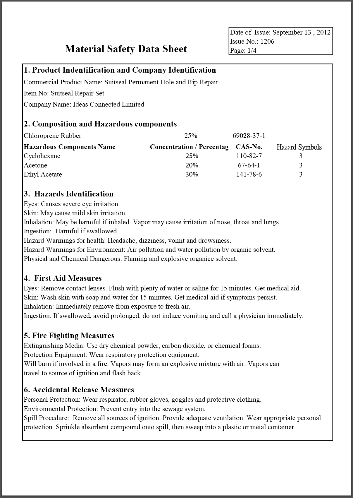 Suit Seal Material Safety Data Sheet