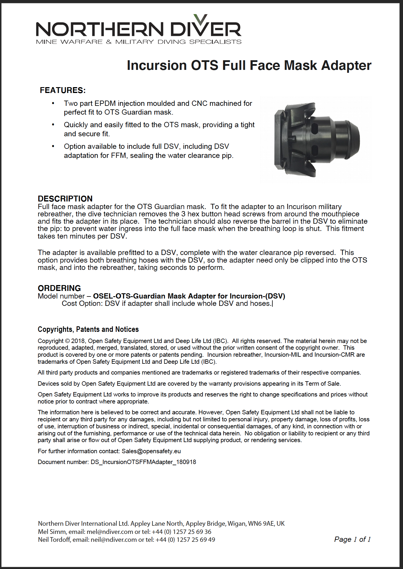 OTS Full Face Mask Adapter Data Sheet