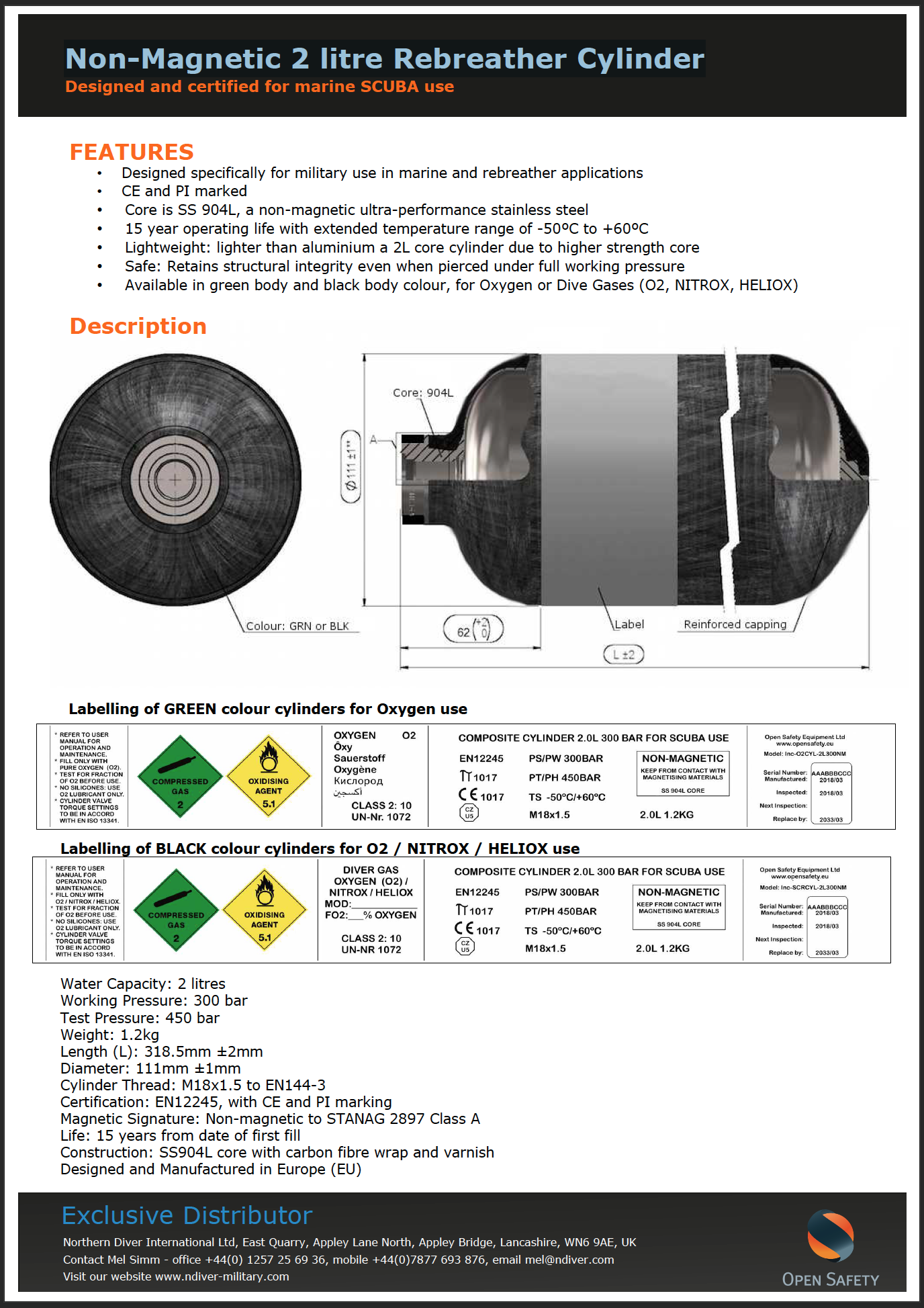 Non-Magnetic 2 litre Rebreather Cylinder Data Sheet