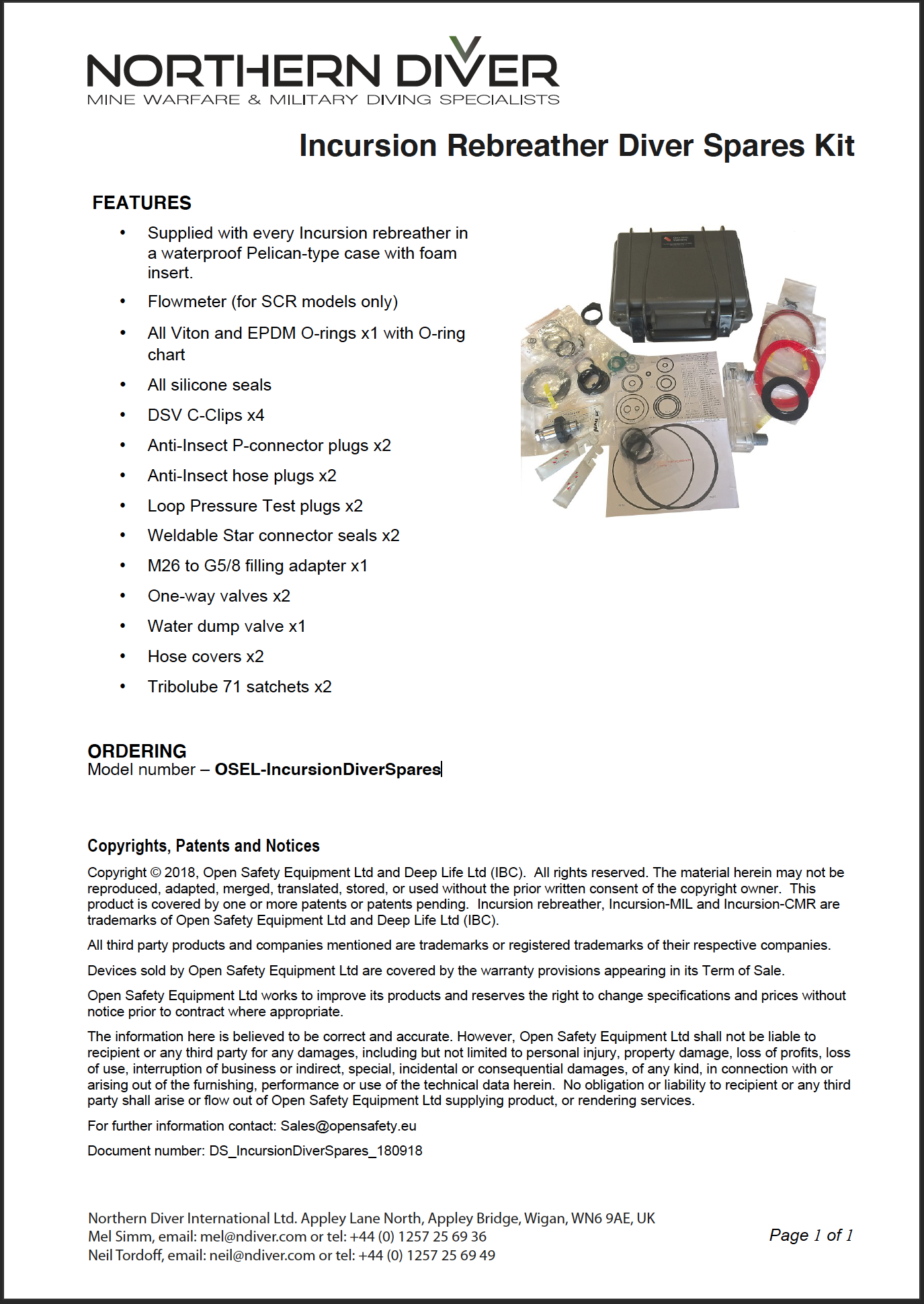 Diver Spares Kit Data Sheet